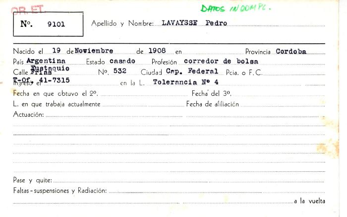 Ficha de miembro de Pedro Lavaysse.