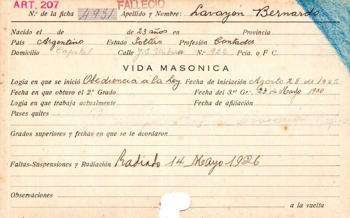 Ficha de miembro de Bernardo Lavayén.