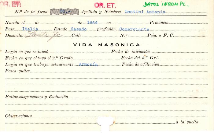 Ficha de miembro de Antonio Lantini.