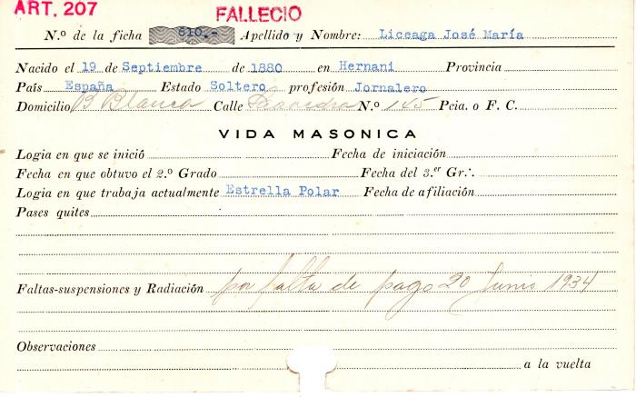 Ficha de miembro de José María Liceaga.
