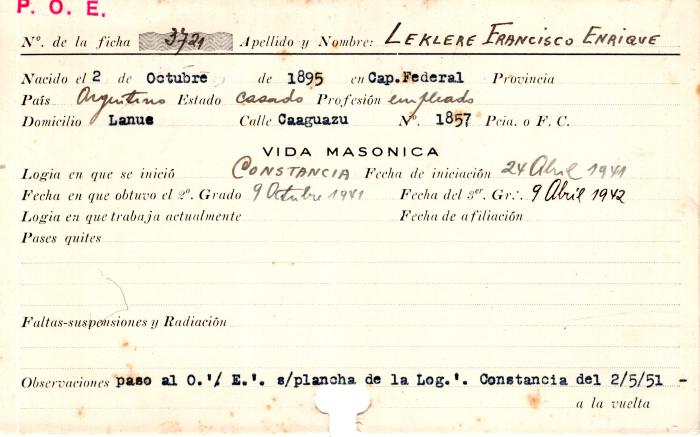 Ficha de miembro de Francisco Enrique Leklere.