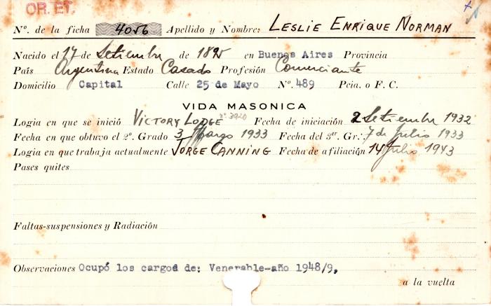 Ficha de miembro de Enrique Norman Leslie.