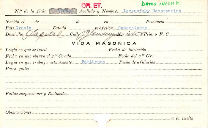 Ficha de miembro de Constantino Levanofsky.