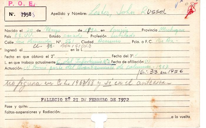 Ficha de miembro de John Russel Lester.