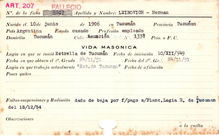Ficha de miembro de Herman Leibovich.