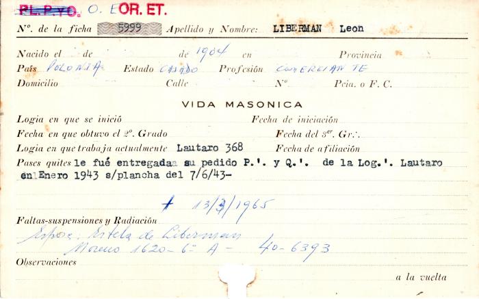 Ficha de miembro de León Liberman.