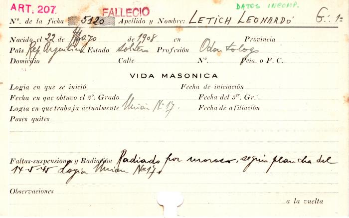 Ficha de miembro de Leonardo Letich.