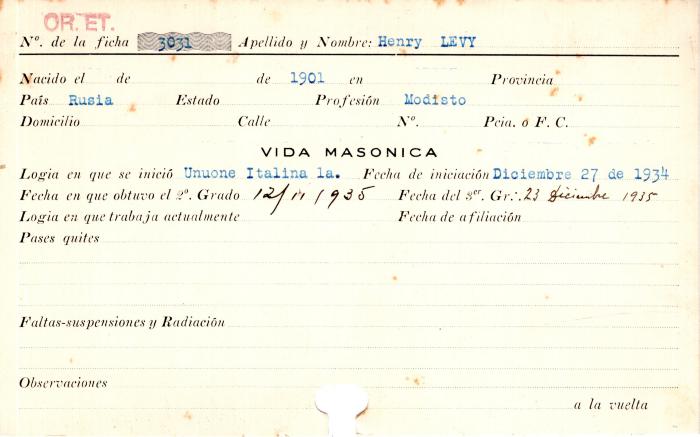 Ficha de miembro de Henry Levy.