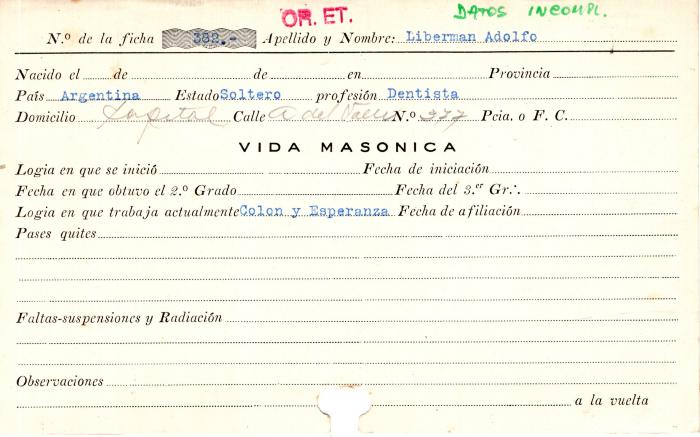 Ficha de miembro de Adolfo Liberman.