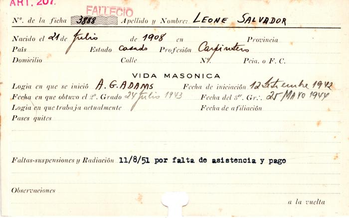 Ficha de miembro de Salvador Leone.
