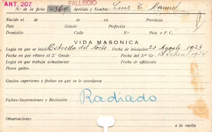 Ficha de miembro de Manuel T. Lenz.