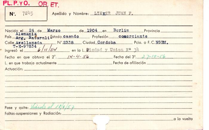 Ficha de miembro de Juan F. Lieker.