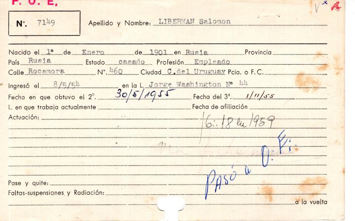 Ficha de miembro de Salomón Liberman.