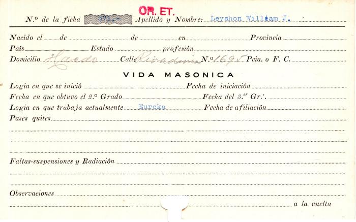 Ficha de miembro de William J. Leyshon.