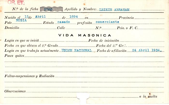 Ficha de miembro de Abraham Leikin.
