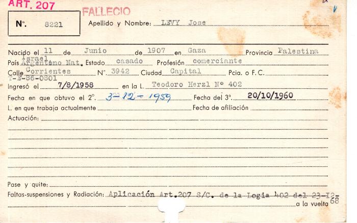 Ficha de miembro de José Levy.