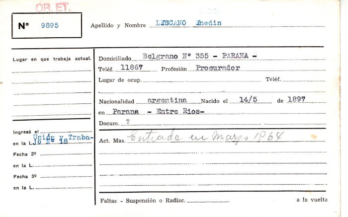 Ficha de miembro de Enedin Lescano.