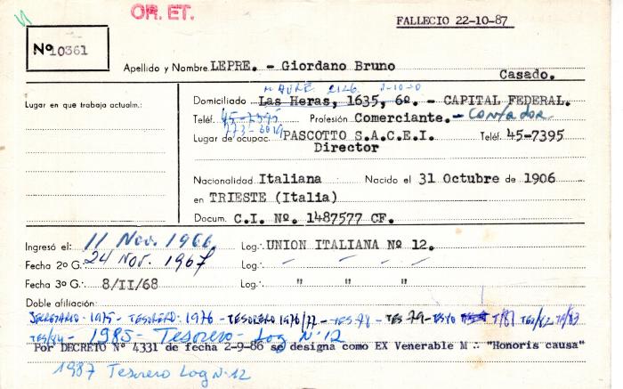 Ficha de miembro de Giordano Bruno Lepre.