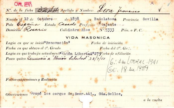 Ficha de miembro de Francisco León.
