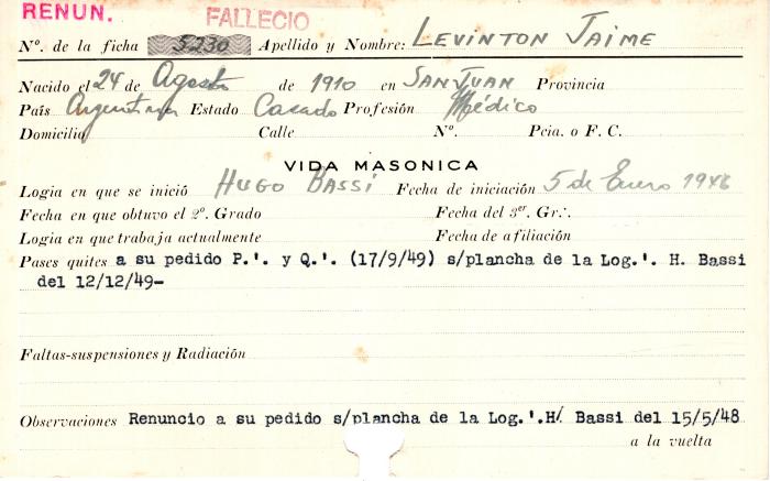 Ficha de miembro de Jaime Levinton.