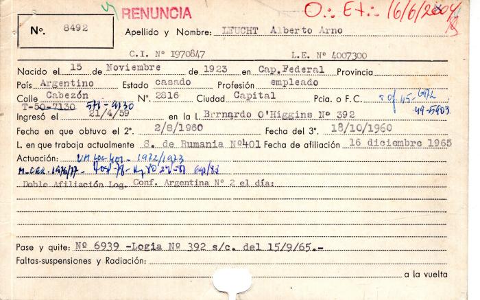 Ficha de miembro de Alberto Arno Leucht.