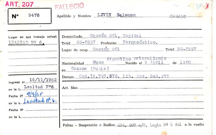 Ficha de miembro de Salomón Levin.