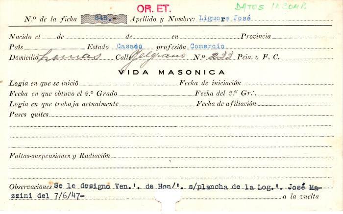Ficha de miembro de José Liguore.