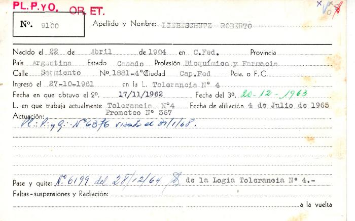 Ficha de miembro de Roberto Liebeschutz.