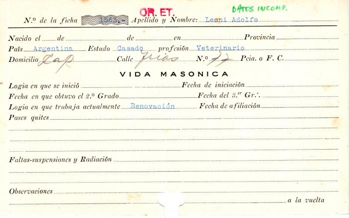 Ficha de miembro de Adolfo Leoni.