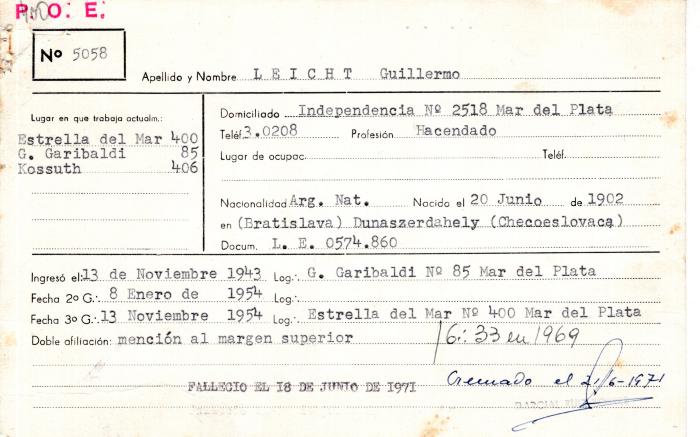 Ficha de miembro de Guillermo Leicht.