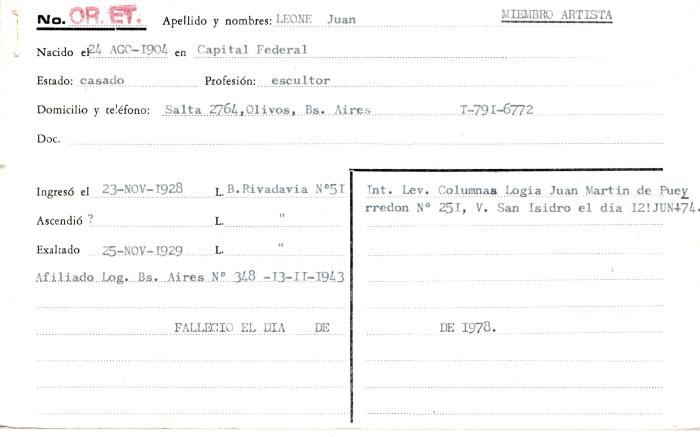 Ficha de miembro de Juan Bautista Leone.