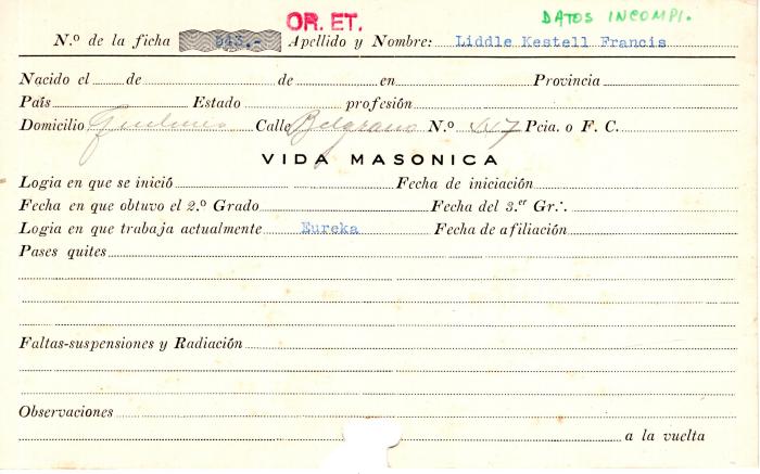 Ficha de miembro de Francis Liddle Kestell.