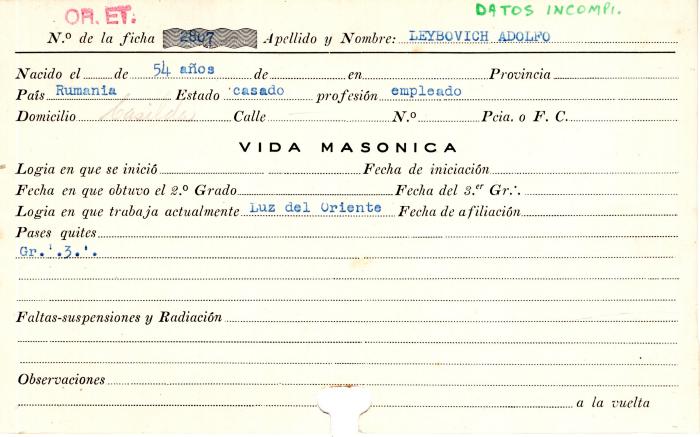 Ficha de miembro de Adolfo Leybovich.