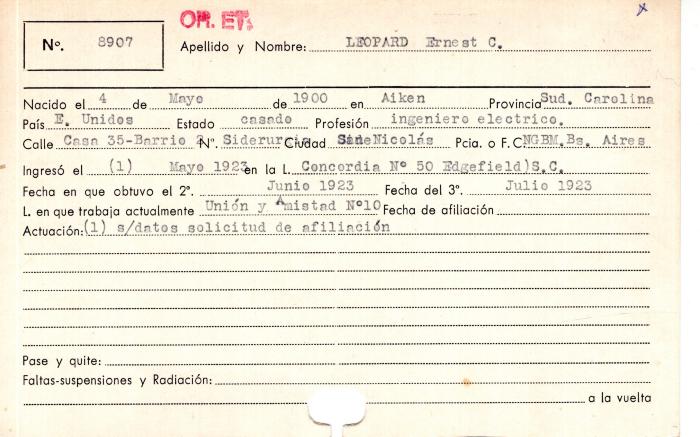 Ficha de miembro de Ernest C. Leopard.