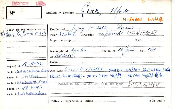 Ficha de miembro de Alfredo Link.