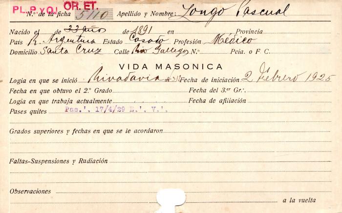 Ficha de miembro de Pascual Longo.