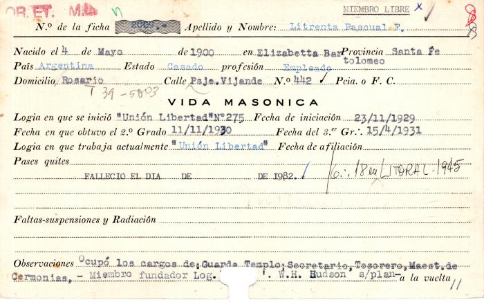 Ficha de miembro de Pascual F. Litrenta.