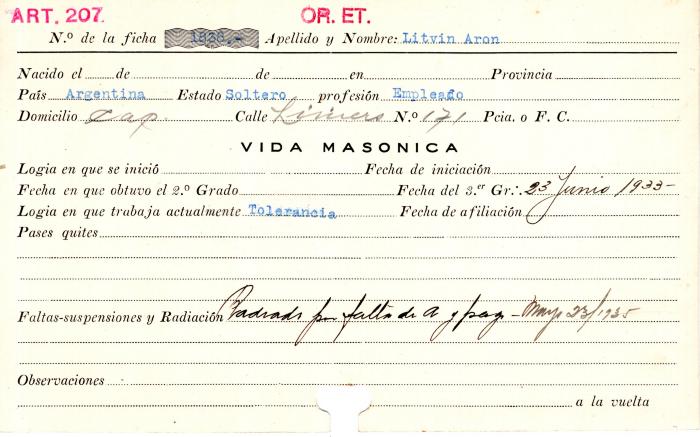 Ficha de miembro de Aron Litvin.
