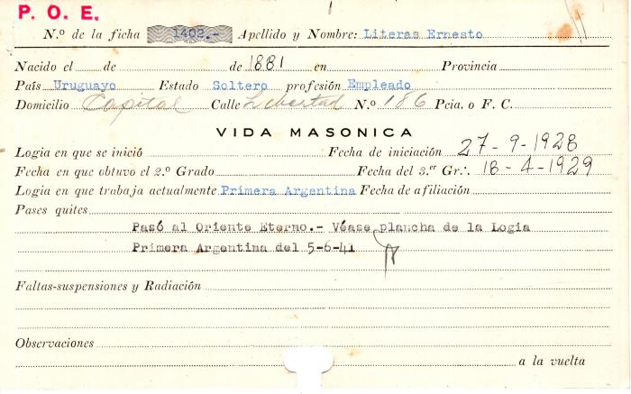 Ficha de miembro de Ernesto Literas.
