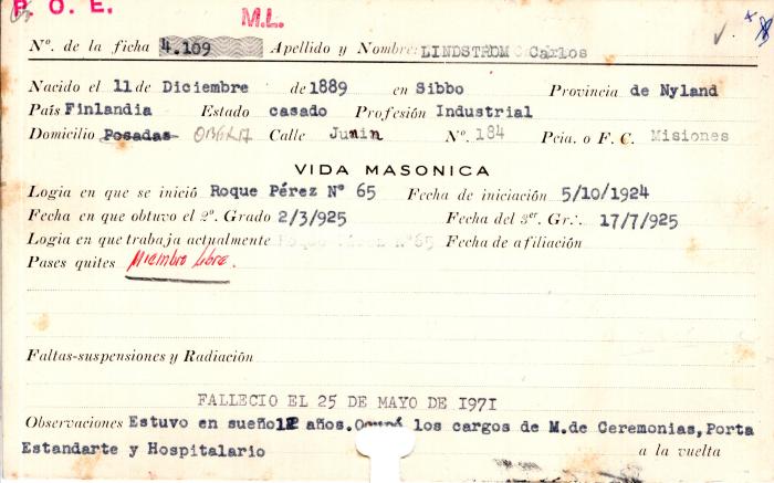 Ficha de miembro de Carlos Lindstrom.