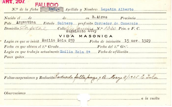 Ficha de miembro de Alberto Lopatin.
