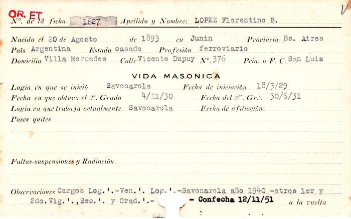 Ficha de miembro de Florentino B. López.