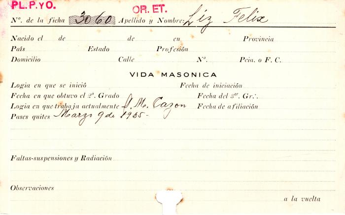 Ficha de miembro de Felix Liz.