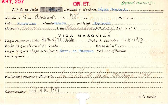 Ficha de miembro de Benjamín López.