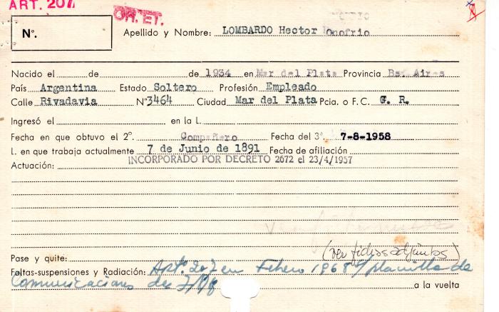 Ficha de miembro de Héctor Onofrio Lombardo.