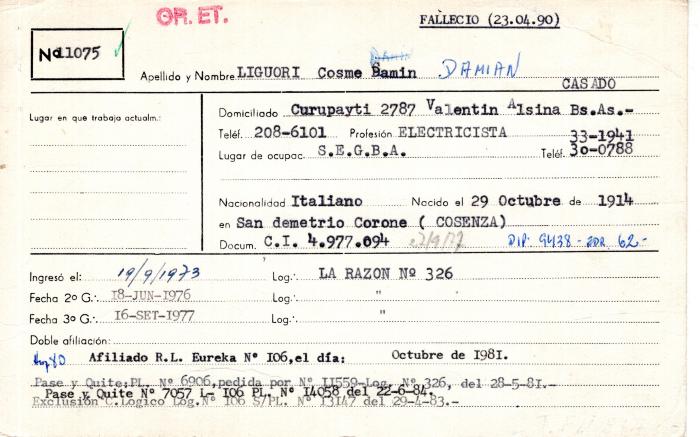 Ficha de miembro de Cosme Damián Liguori.