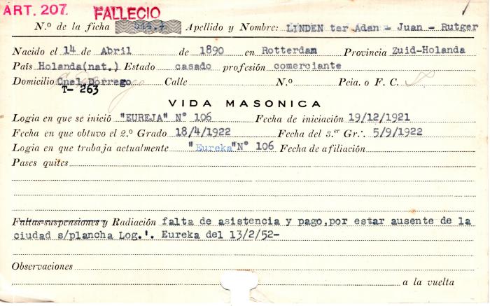 Ficha de miembro de Juan Rutger Linden ter Adan.