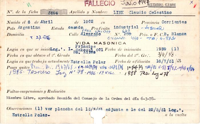 Ficha de miembro de Claudio Celestino Link.