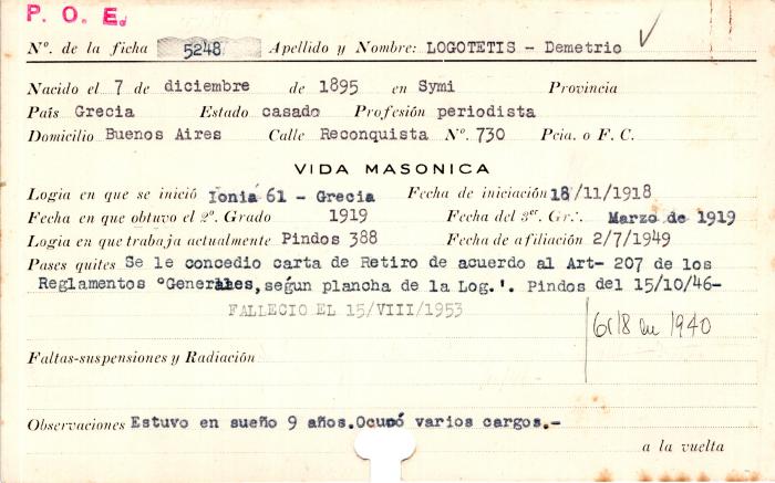 Ficha de miembro de Demetrio Logotetis.
