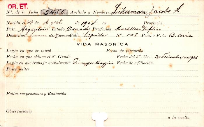 Ficha de miembro de Jacobo H. Likerman.